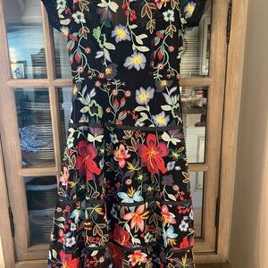 Vone Anthropologie A-Line Midi Dress - black with multi colored embroidery